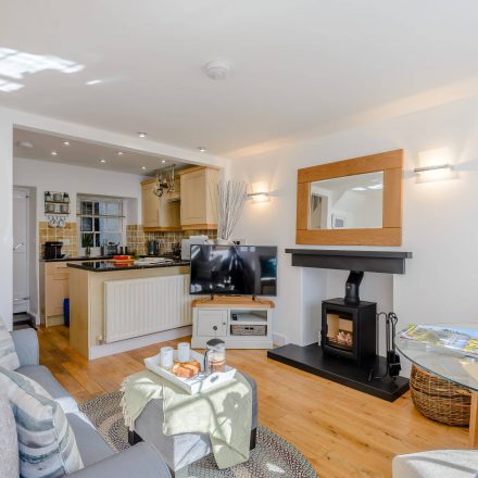 Open plan lounge and kitchen in Tegfan cottage, Aberdyfi with woodburning stove and TV